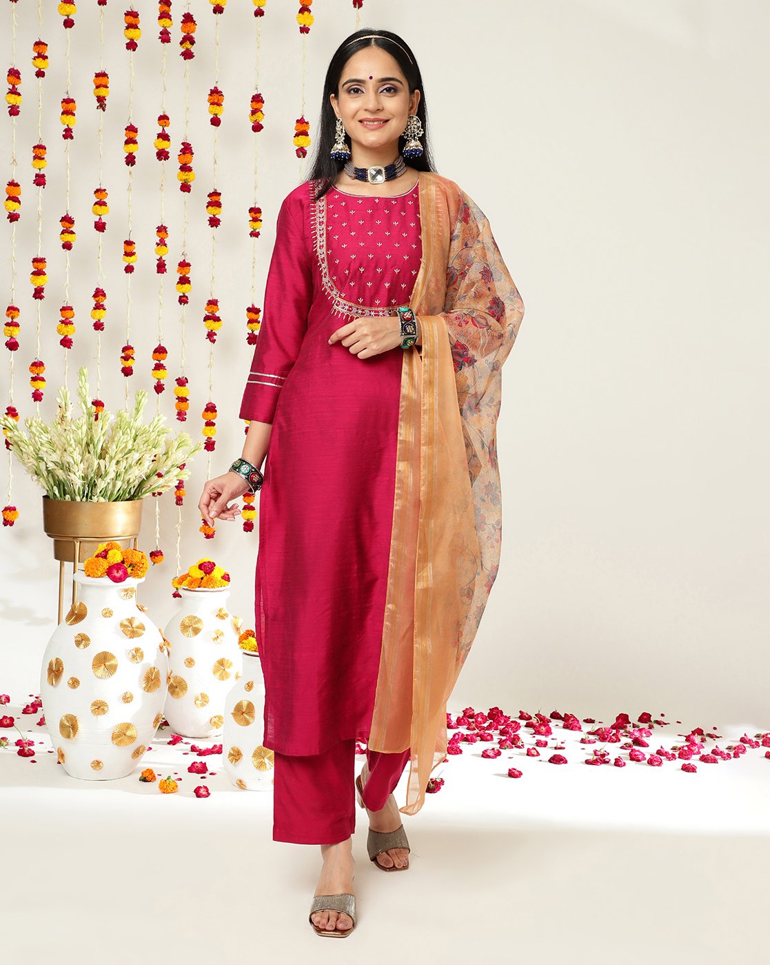 Women Maroon Ethnic Motifs Yoke Design Thread Work Kurta With Trousers & With Dupatta