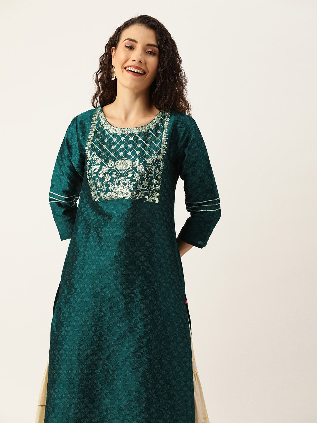 Women Green & Gold-Toned Yoke Design Straight Embellished Kurta - 3XL