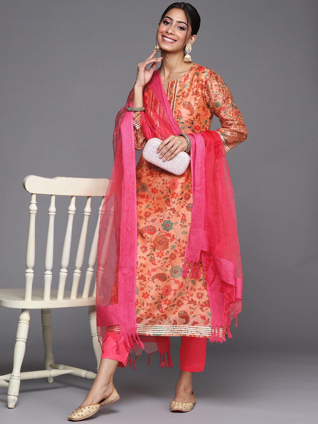 Peach Floral Printed Chanderi Kurta Trouser Set With Bhgalpuri Silk Dupatta