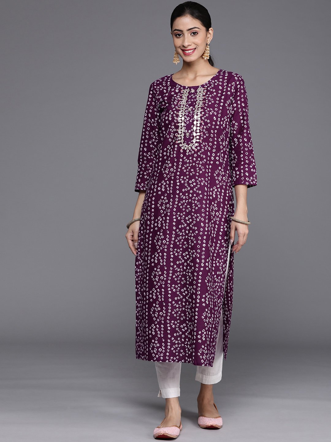 Purple And White Bandhani Printed Kurta Gota Embroidery Round Neckline 3/4Th Sleeves Embroidered Buttons Detail"