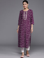 Purple And White Bandhani Printed Kurta Gota Embroidery Round Neckline 3/4Th Sleeves Embroidered Buttons Detail"