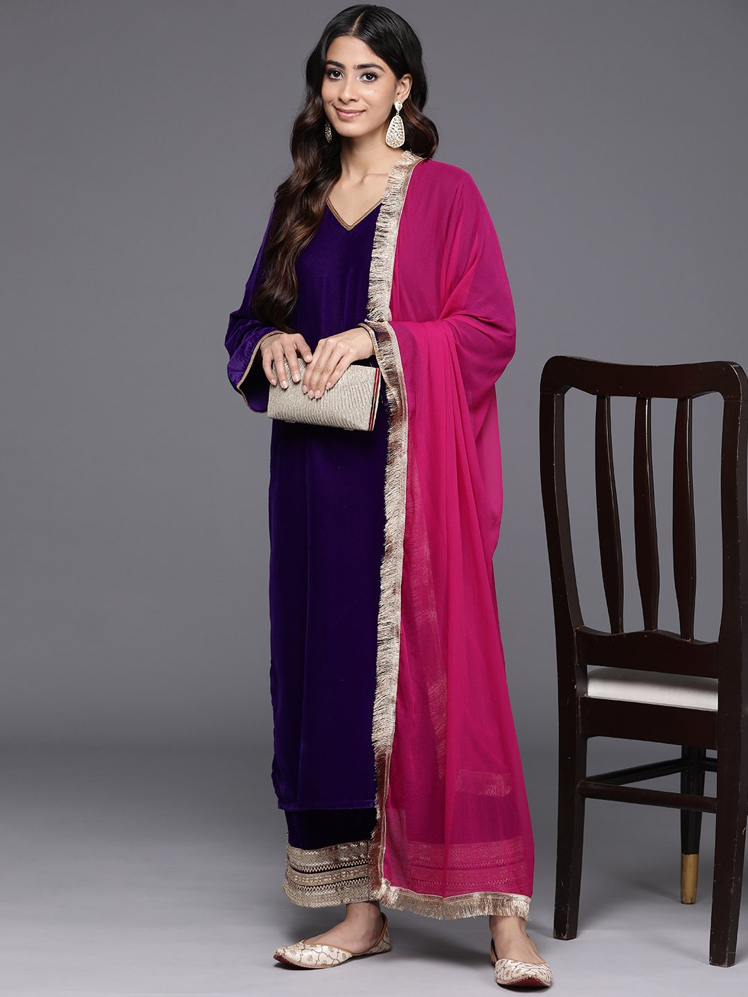 Women Purple Velvet Kurta With Flared Sleevespaired With Tonal Bottom And Contrast Dupatta With Four Sided Fringes