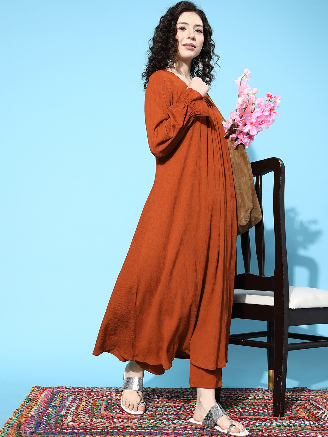 Women Rust Colour, Bishop Sleeve A-Line Kurta Paired With Tonal Bottom