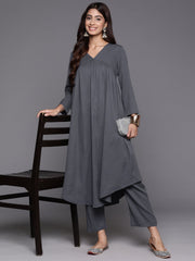 Women Grey Empire Gathered Details A-Line Kurta Paired With Tonal Bottom