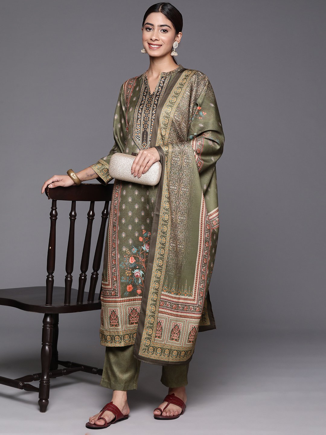 Women Olive Ethnic Motif Printed Straight Kurta Paired With Tonal Bottom And Dupatta