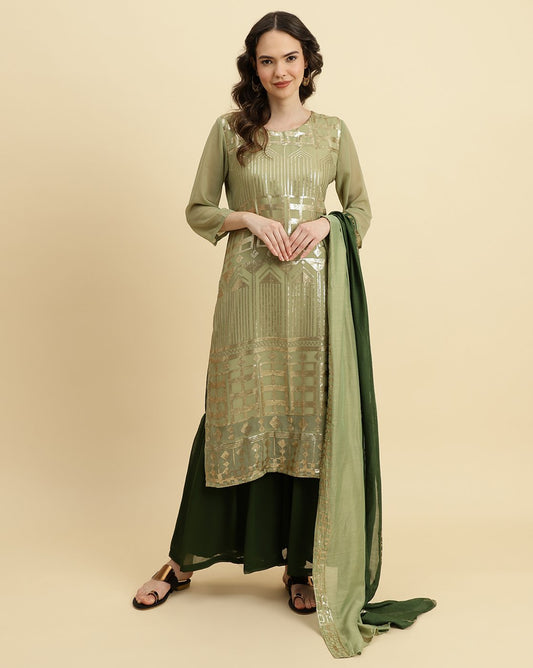 Green Sequened Kurta With Sharara And Sequened Ombre Dupatta