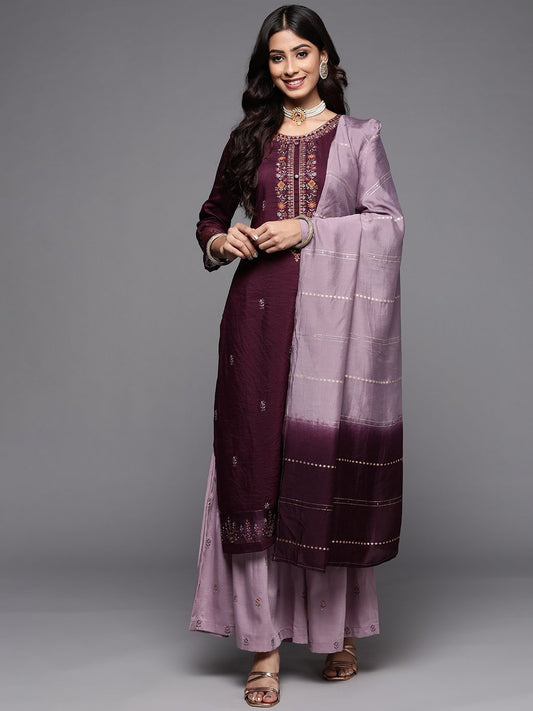 Embroidered Kurta Paired With Contrast Color Sharara And Dupatta