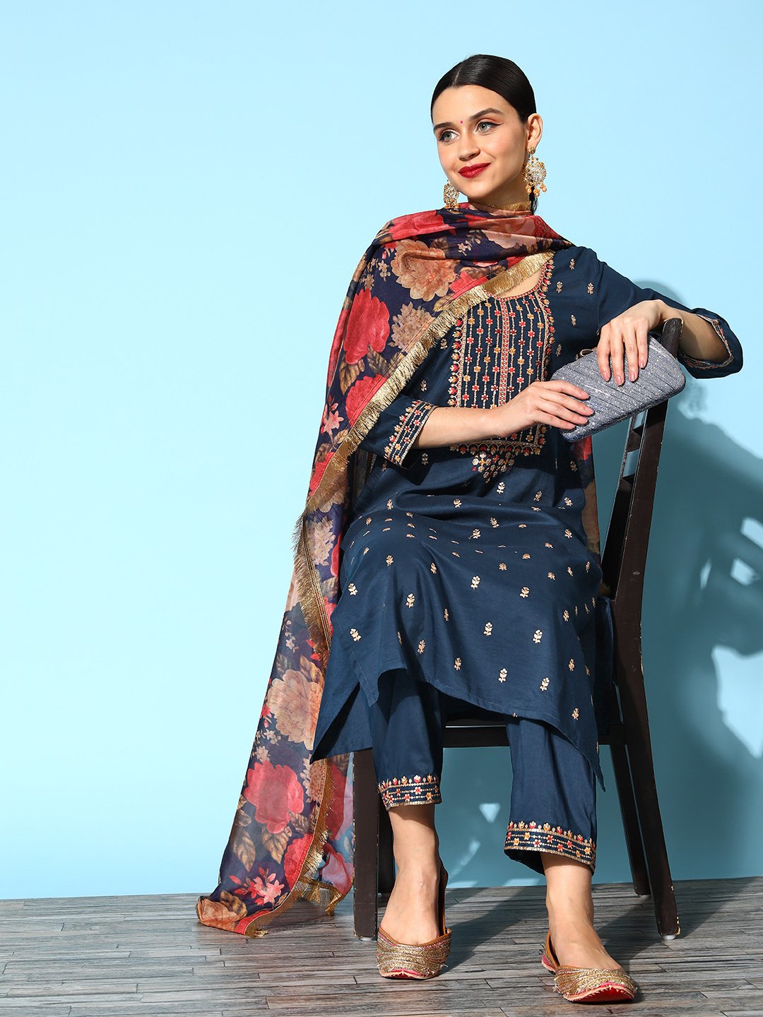 Blue Embroidered Kurta With Tonal Bottom And Printed Dupatta