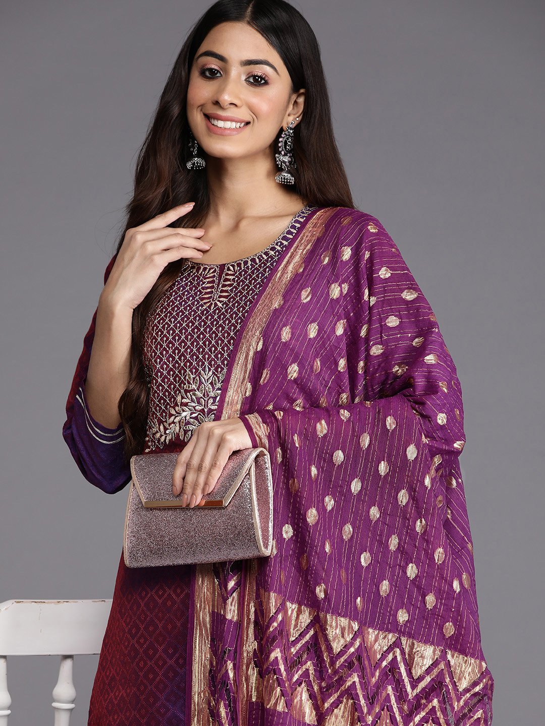 Women Purple Embroidered Kurta Paired With Tonal Bottom And Dupatta