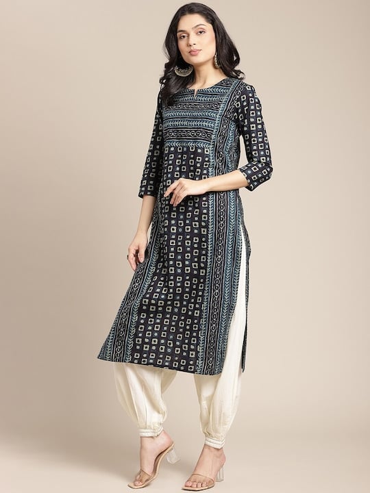 women Round Neck Navy Blue Geometric Printed Kurta With Princess Panel - 3XL