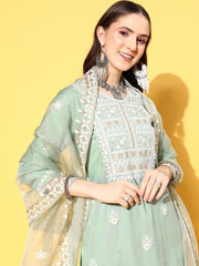 Women Sea Green Embroidered Kurta Paired With Tonal Trouser And Dupatta