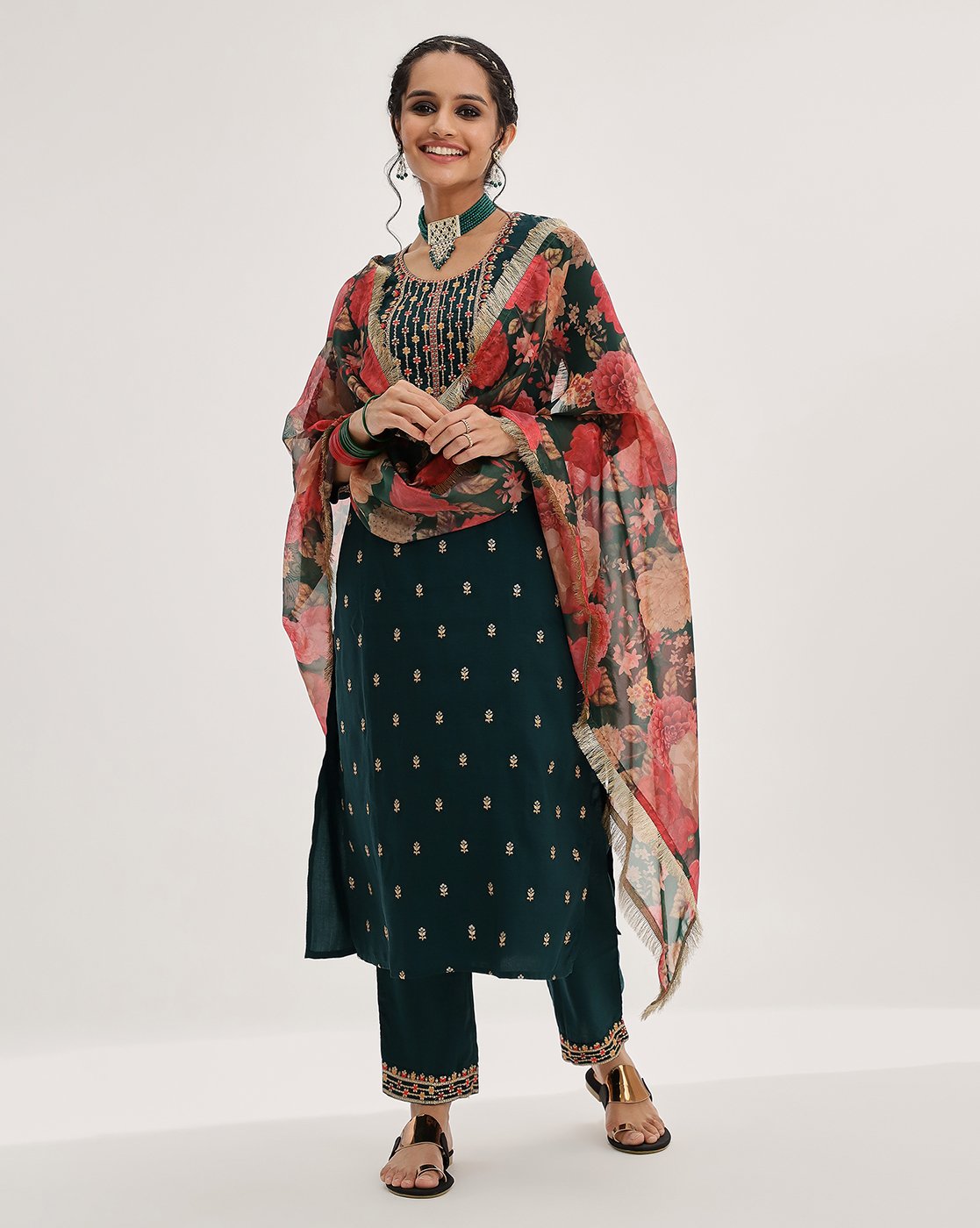 Women Green Embroidered Straight Kurta Paired With Tonal Bottom And Printed Dupatta