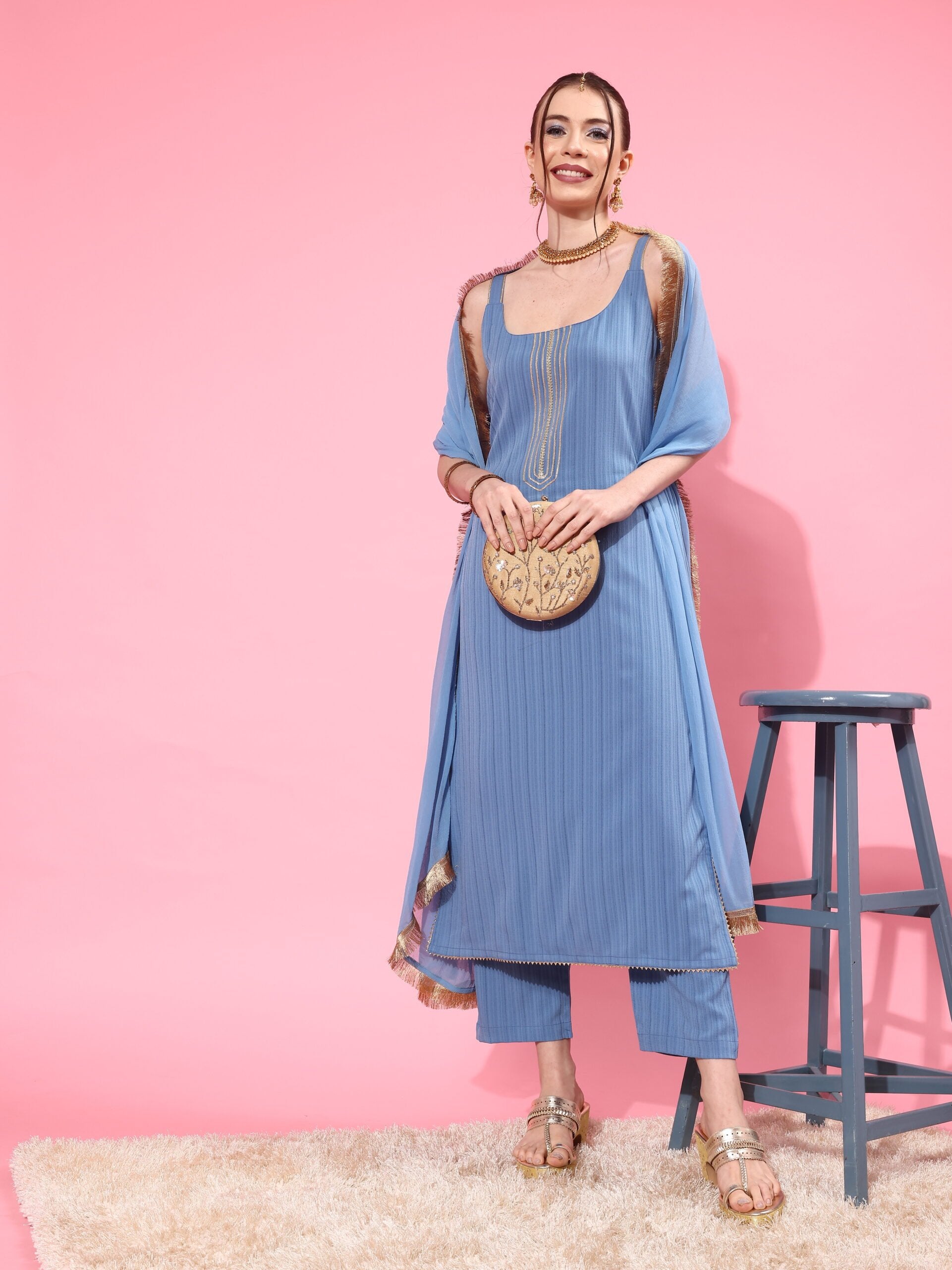 Women Blue Straight Kurta With Tonal Bottom & Dupatta