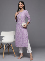 Lavender Bandhani Print Embroidered Kurta Has Round Neck