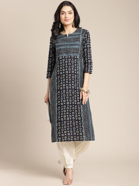 women Round Neck Navy Blue Geometric Printed Kurta With Princess Panel - 3XL