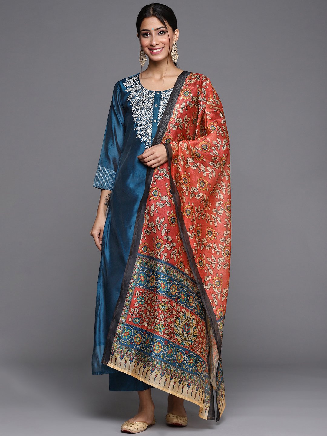 Teal Zari Embroidery Kurta Trouser Set With Red Kalamkari Silk Dupatta