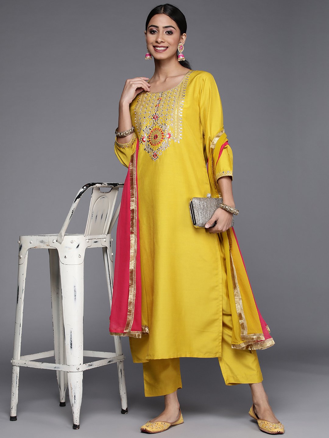 Yellow Embroidered Yoke Kurta With Straight Pant And Ombre Shade Chiffon Dupatta