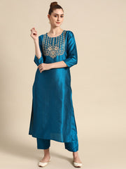 Blue And Gold Zari And Sequins Embroidery Kurta With Overall Elasticated Trouser