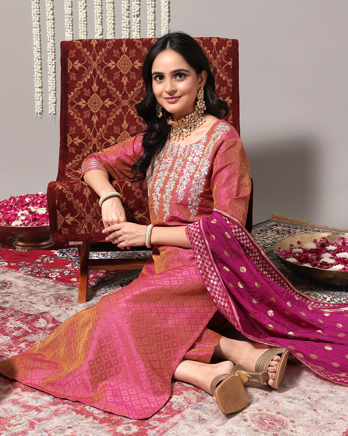 Coral Embroidered Straight Kurta With Three-Quarter Sleeves Paired With Tonal Bottom And Dupatta