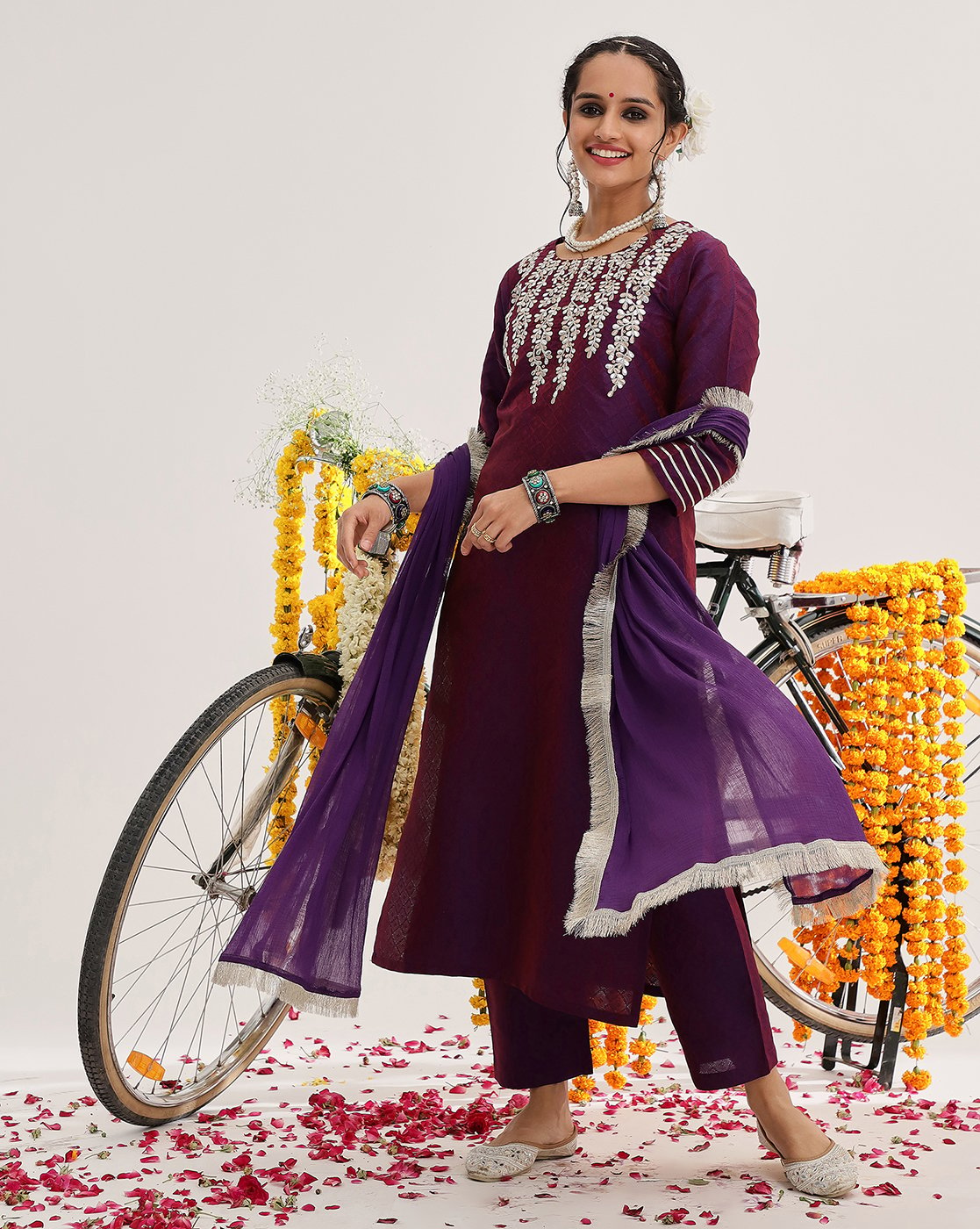 Purple Embroidered Straight Kurta With Three-Quarter Sleeves Paired With Tonal Bottom And Dupatta