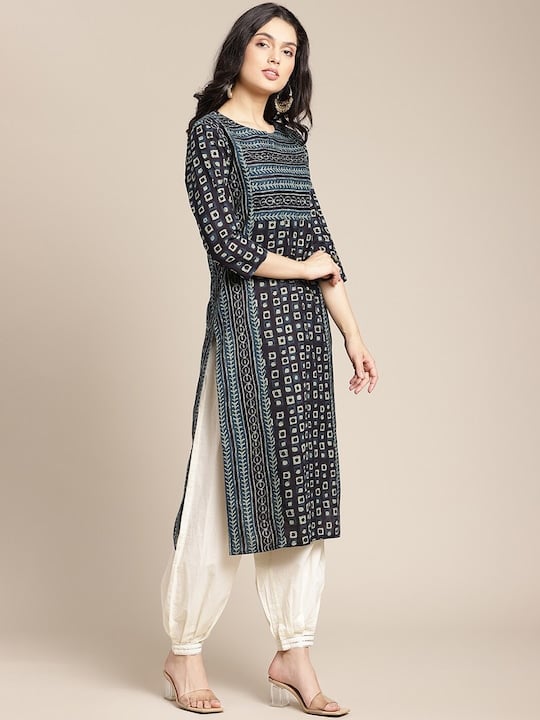 women Round Neck Navy Blue Geometric Printed Kurta With Princess Panel - 3XL