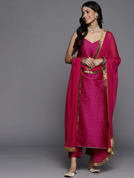 Magenta And Gold Jacquard Strap Style Kurta With Straight Pant And Chiffon Dupatta