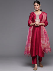 Women Magenta Pink Embroidered Kurta With Trousers And Dupatta