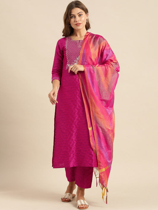 Magenta Zari And Gota Patti Embroidery Kurta With Trouser With Multi Color Silk Dupatta.