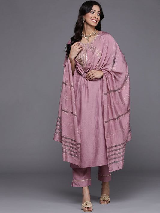 Mauve Embroidered Kurta With Straight Pant And Dupatta