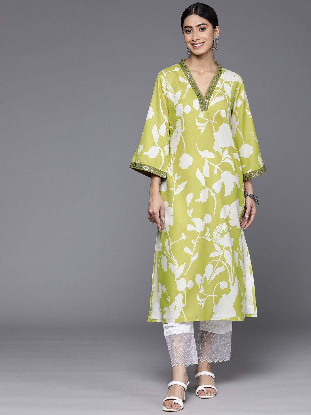 Women Lime Green Floral Printed Kurta With V-Neck And Three Quarter Bell Sleeves