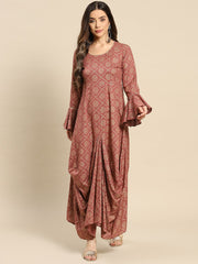 Bell Sleeve printed Long dress with front drape