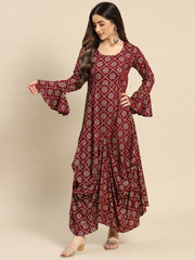 Bell Sleeve printed Long dress with front drape