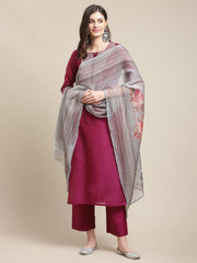 Wine Zari Embroidery Kurta Trouser Set With Floral Printed Organza Dupatta