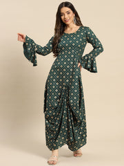 Bell Sleeve printed Long dress with front drape