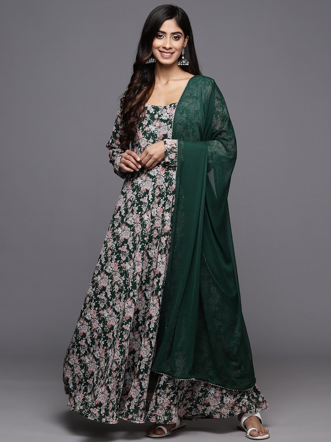 Women Floral Printed Anarkali Kurta Paired With Tonal Dupatta With Four Side Traingular Gota Lace.