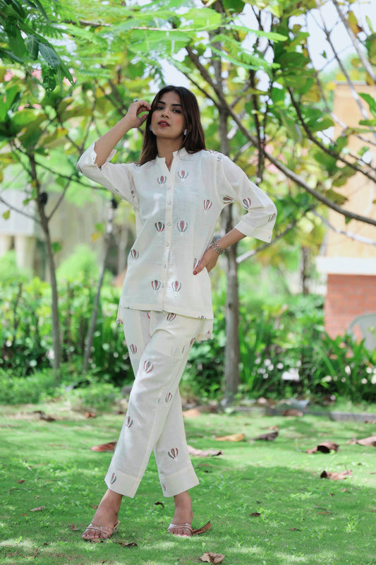 White Embroidery Top With Matching Pant Co-Ord Set