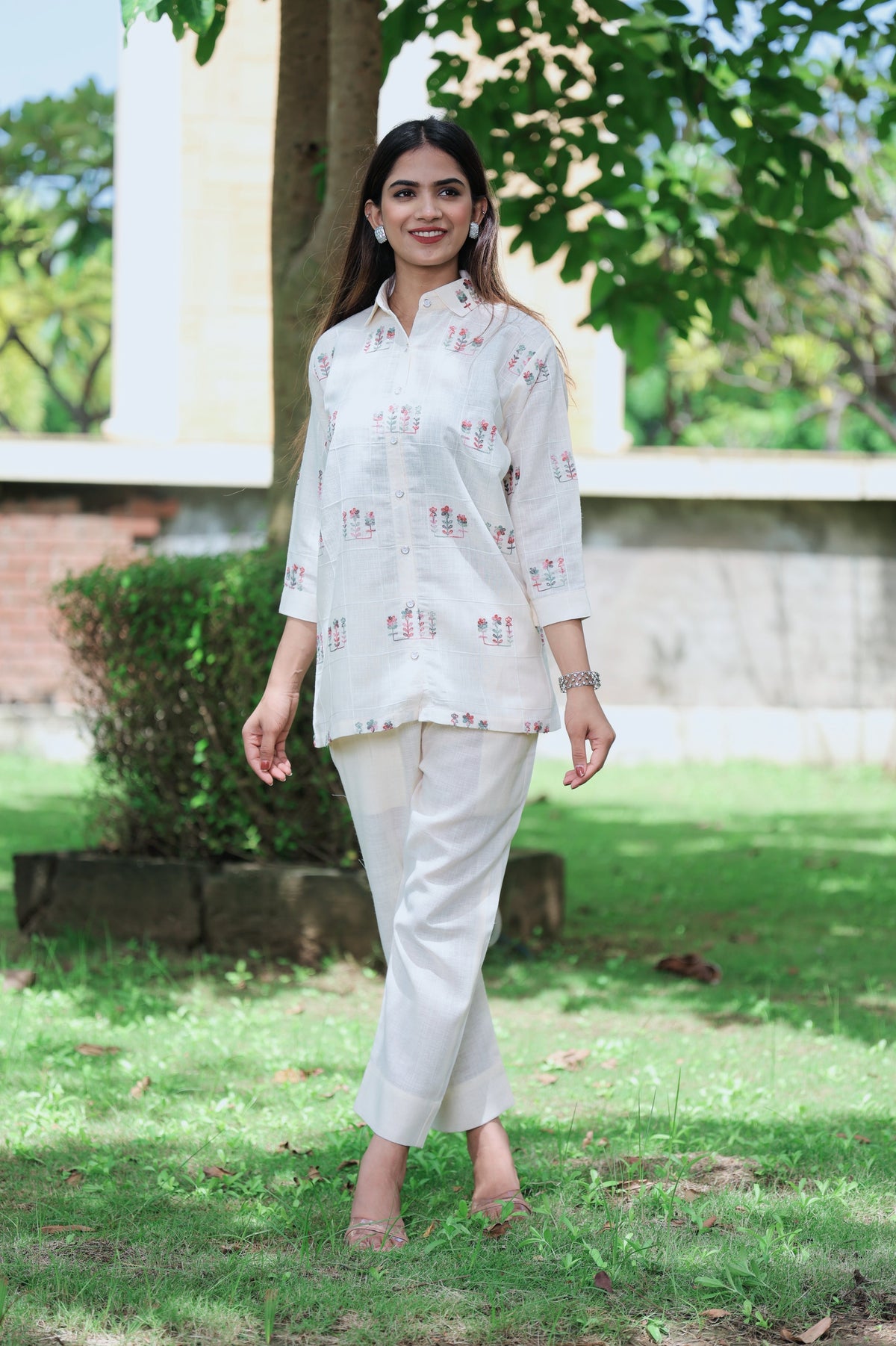 White Embroidery Top With Matching Pant Co-Ord Set