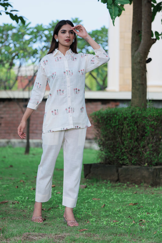 White Embroidery Top With Matching Pant Co-Ord Set