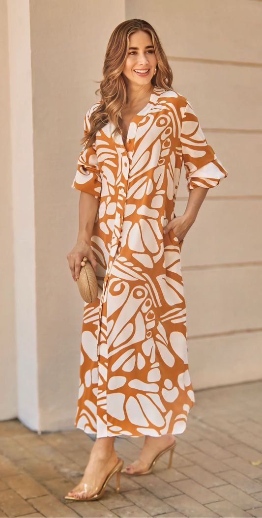 White and orange printed midi dress with front buttons