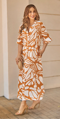 White and orange printed midi dress with front buttons