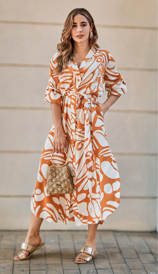 White and orange printed midi dress with front buttons