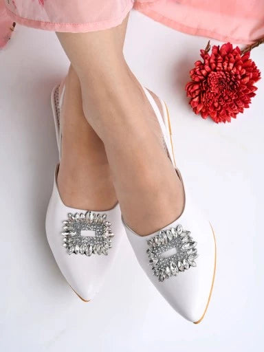 Embellished Front Studded Buckle White Mules For Women & Girls