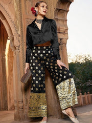 Satin Crop Shirt With Self Design Brocade Palazzo