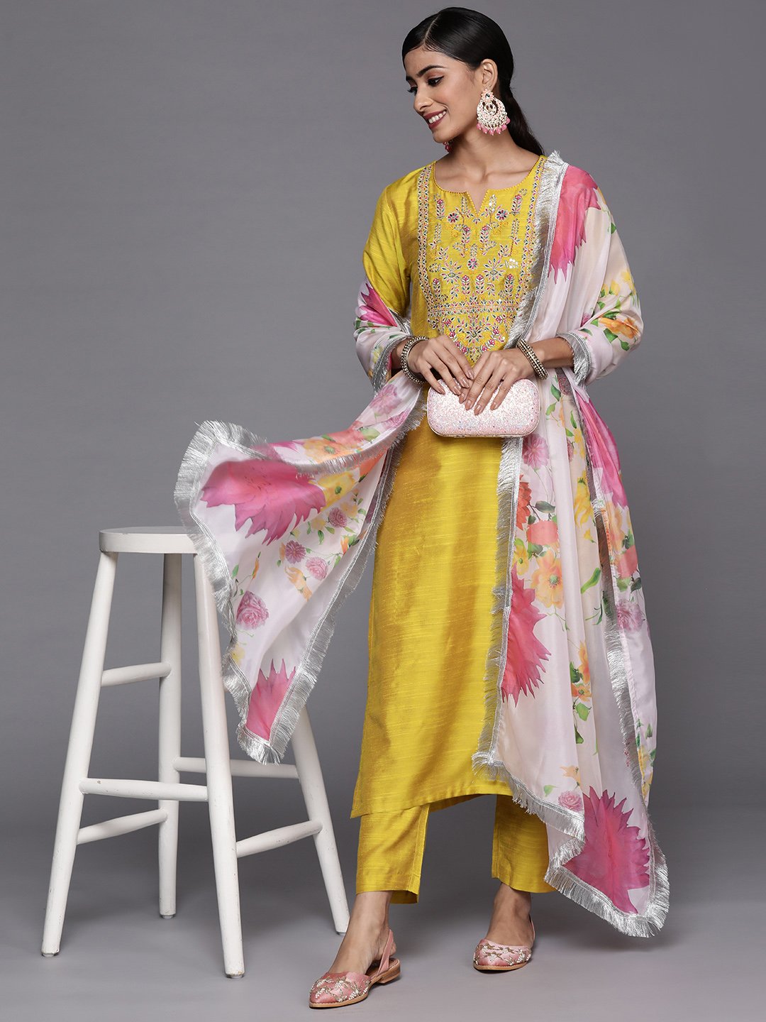 Yellow Embroidered Kurta With Tonal Bottam And Contrast Printed Dupatta