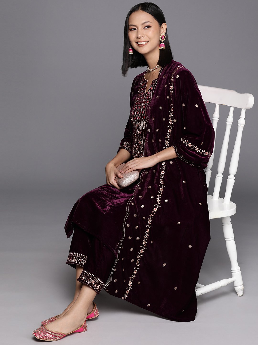 Women Purple Velvet Round Neck Yoke Embroidered With Three Quarter Sleeves Straight Kurta Paired With Tonal Embroidered Bottom And Dupatta With Scalloped Hem