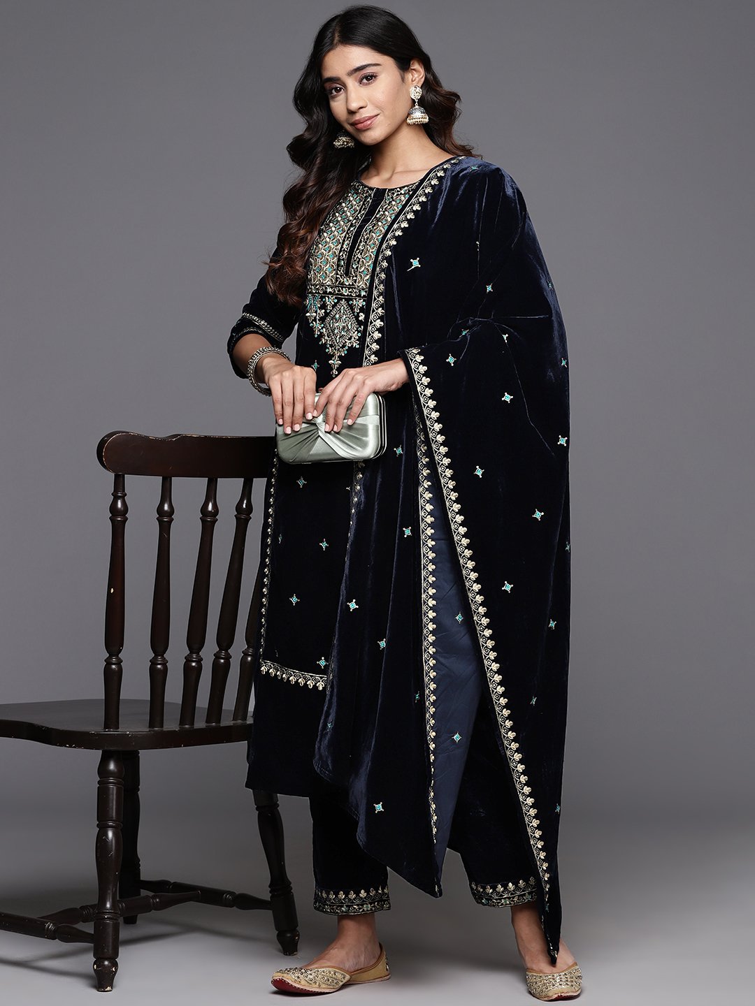 Women Velvet All Over Embroidered, Round Neck Yoke Straight Kurta Paired With Tonal Embroidered Bottom And Dupatta