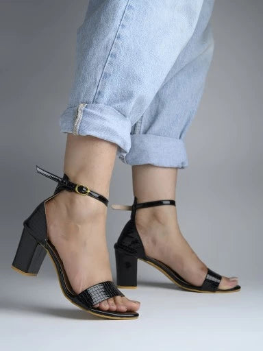 Womens & Girls Black Woven Design Block Heels Sandals