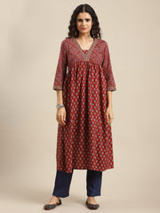 Women Maroon And Blue Bandez Printed Anarkali Kurta