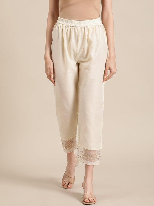 Varanga - Women Off White Silk & Organza Zari Embellished Trousers - 3XL