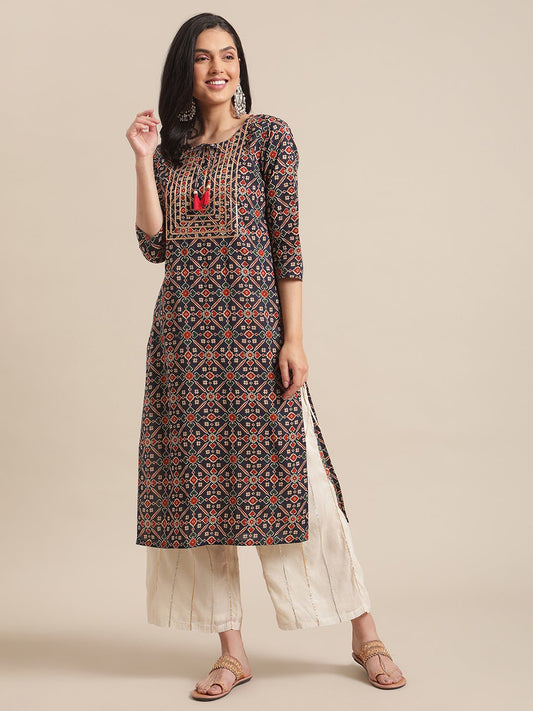 Kalini Women Blue And Beige Abstract Printed Kurta With Gota Work On Yoke And 3/4Th Sleeves